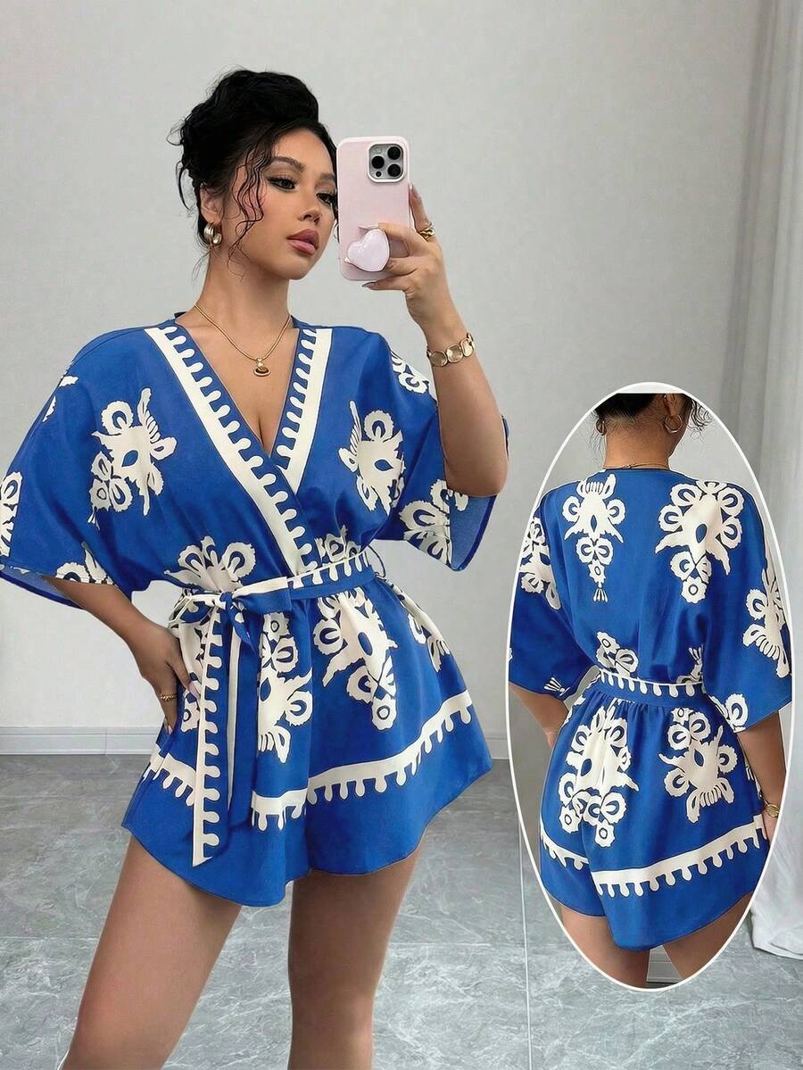 Rafferiza 印花V领收腰蝙蝠袖女式连体裤 - 藍色 - 查看 1