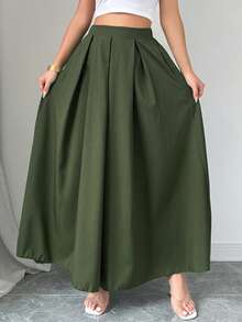 Rafferiza Tall 女士纯色褶裥口袋休闲百搭约会外出A字裙 - 墨綠色 - 查看 4