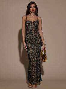 SHEIN BAE Schwarzes Spitzenkleid mit Spaghettiträgern, schlanke Passform, elegantes minimalistisches Design, geeignet für Cocktailpartys, romantische Dates, Zusammenkünfte, Brautjungfernkleider, Abendausgänge, Halloween, Weihnachten, Neujahr, Valentinstag, Sommer, Teegesellschaften - Schwarz - Übersicht 3