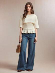 BizChic 2026 Spring/Summer New Beige Round Neck Textured Knit Raglan Sleeve Waist Gathered Slim Fit Ruffle Hem Women T-Shirt - Beige - View 4