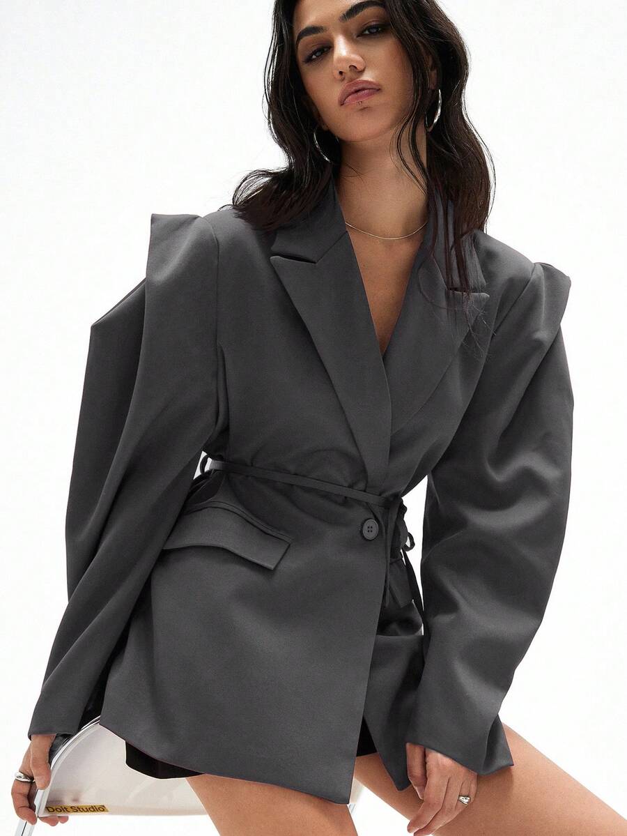 Aveloria Affinna 宽松休闲通勤百搭超宽肩廓形收腰纯色西装外套 - 灰色 - 查看 1