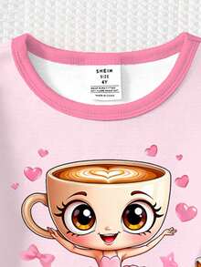 一套女童紧身睡衣，咖啡女孩印花图案，撞色领口和袖口设计，针织弹力圆领长袖上衣搭配印花长裤 - 粉色 - 查看 4