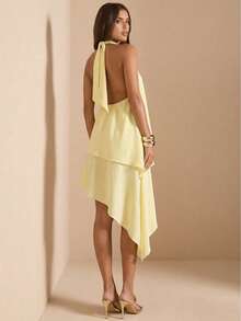 SHEIN BAE Enfärgad Gul/Crämfärgad Halter Backless Satin A-linjeklänning, Lämplig för Vår-/Sommarsemester, Strand, Elegant Bröllopsgäst, Helgdag, Höst-/Vinterkvällstillfällen, Elegant Jul, Halloween - Gul - Visa 2