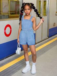 SHEIN Tween Girl Summer Beach Boho Cool & Street-Style Stonewashed Jumpsuit With Cross Back Straps And Open Back, Tween Girl Summer Beach Boho Holiday Clothes Back To School Streetwear Outfits,Girls Concert Rave Casual Outfits - Light Wash - View 6