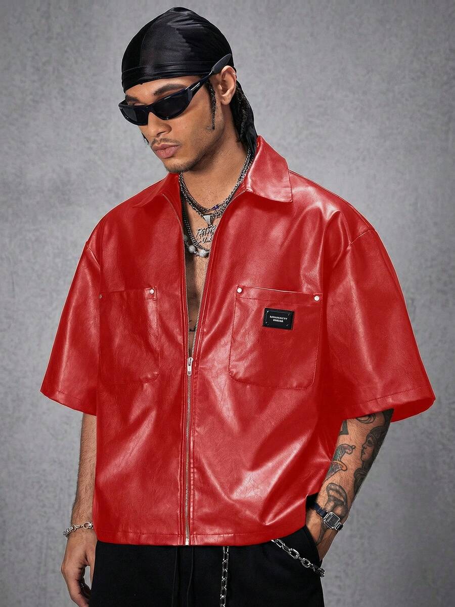 AXEPEAK Men's PU Leather Letter Embroidered Loose Woven Short Sleeve Shirt - Red - View 1