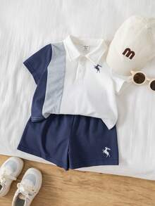SHEIN 2件套幼儿男童休闲撞色短袖polo衫和短裤套装，春夏男婴服装，套装 - 藏蓝色 - 查看 3