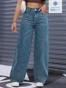 SHEIN EZwear 休闲水洗高腰直筒牛仔裤 - 藍色 - 查看 5
