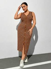 SHEIN Essnce 大码女士条纹V领单排扣优雅收腰派对连衣裙 - 棕色 - 查看 6