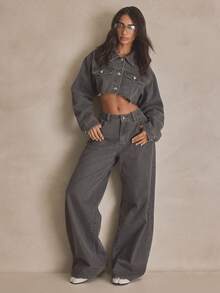 MUSERA Croppeed Washed Denim Jacket Xsummer, Sporty, Casual, Day, Streetstyle, Streetwear - Grey - View 5