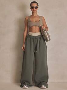 MUSERA Double Layer Waistband Elasticated Tie Waist Wide Leg Joggers Tracksuit Bottoms Summer, Sporty, Casual, Day, Streetstyle, Streetwear - Multicolor - View 2