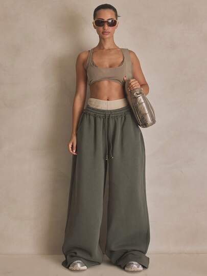 MUSERA Double Layer Waistband Elasticated Tie Waist Wide Leg Joggers Tracksuit Bottoms Summer, Sporty, Casual, Day, Streetstyle, Streetwear