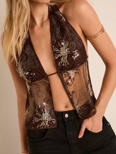 Easelle 棕色亮片刺绣网纱露背吊带上衣