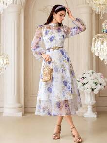 Modelyn Women's Floral Print Stand Collar Lantern Sleeve Elegant Mid-Length Dress - Blue - View 1