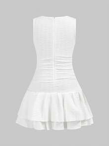 SHEIN Tween Girls' Casual Solid White Crew Neck Sleeveless Side Ruched Textured Knit Mini Dress - White - View 4
