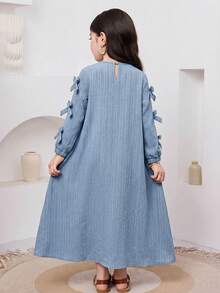 SHEIN DRMZ Young Girl Sky Blue Autumn Elegant Traditional Wedding Flamingo Print Long Sleeve Dress,Pink Floral Arabian,Kaftan Prayer Jalabiya Clothes - Blue - View 4