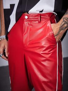 Manfinity RebelGame Men's Line Splicing Simple Casual PU Leather Loose Straight Leg Pants - Black - View 4