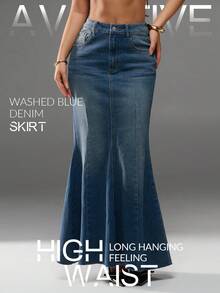 Avantive New Summer Low Waist Casual High Street Ladies Denim Maxi Mermaid Skirt - Dark Wash - View 1