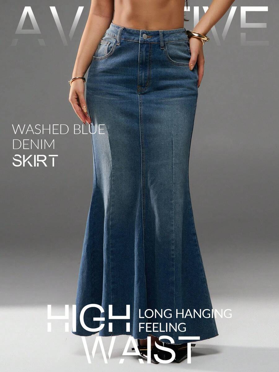 Avantive New Summer Low Waist Casual High Street Ladies Denim Maxi Mermaid Skirt - Dark Wash - View 1
