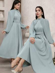 Veilorie Đầm dự tiệc cocktail kiểu dáng mới, xếp ly, thắt eo, lãng mạn, thướt tha, thanh lịch. - xanh xám - Xem 2