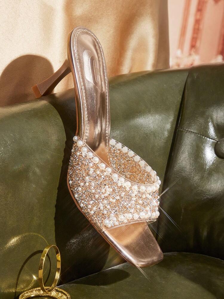 CUCCOO TILAWA Women Shoes Square Toe Slender Heel Champagne Transparent Film Rhinestones Sexy Fashion Gorgeous Banquet Party Night Club Women High Heel Sandals Slippers Valentine's Day