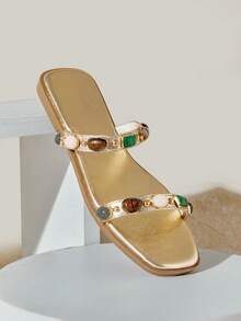 SHUZIA Women's Minimalist Comfortable, , Double Band Slip-On Flat Sandals With Metal Ornaments Valentine's Day - Gold - View 7