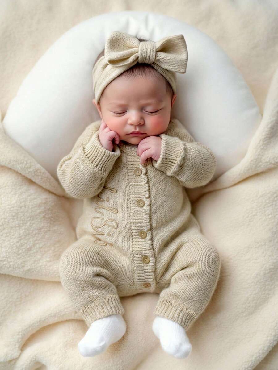 SHEIN 两件套“小妹妹”刺绣新生女婴摄影服，针织连体衣，配蝴蝶结发带，纽扣设计，适合拍照，宝宝回家服 - 卡其色 - 查看 1