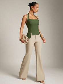 Hauture Women's Scoop Sexy Neck Office Casual Fitted Stretch Top With Adjustable Back Tie - Army Green - View 4