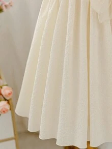 Glamorique Kids Young Girl'Elegant White Summer Flower Girl Apricot Jacquard Fabric Bubble Sleeve Princess Dress,Chiffon Bow Birthday Party Performance Princess Dress - Apricot - View 5