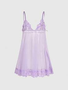 ROMWE Kawaii Conjunto de camisón y tanga sexy con lazo de malla estilo muñeca - Lila Púrpura - Ver 2