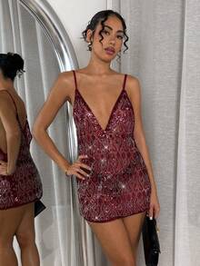 Glamine 性感亮片装饰迷你连衣裙，适合派对、夜店和外出游玩。 - 酒紅色 - 查看 3