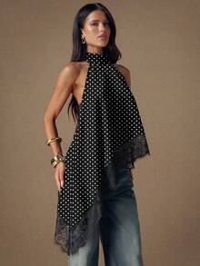 SHEIN BAE Casual Minimalist Sexy Style Black Background White Polka Dot Allover Print Asymmetrical Lace Hem Halter Neck Blouse, Suitable For Spring/Summer, Vacation, Sexy, Retro Spring - Multicolor - View 5