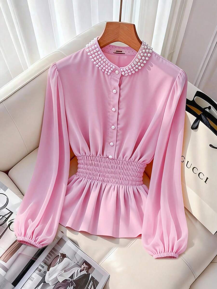 GlowEve Áo kiểu nữ màu trơn, tay dài, đính cườm, dáng rộng, eo thắt, thời trang, thanh lịch. - Hồng - Xem 1