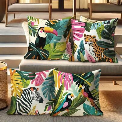 4pcs Tropical Animal Pattern Outdoor Pillow Covers, Zipper Closure Decorative Pillow Cases For Patio, Garden, Hanging Chair, Sofa - Pillow Inserts Not Included