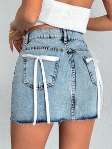 EURMUSE High Waist Ribbon Detailed Mini Denim Skirt - Light Wash - View 7
