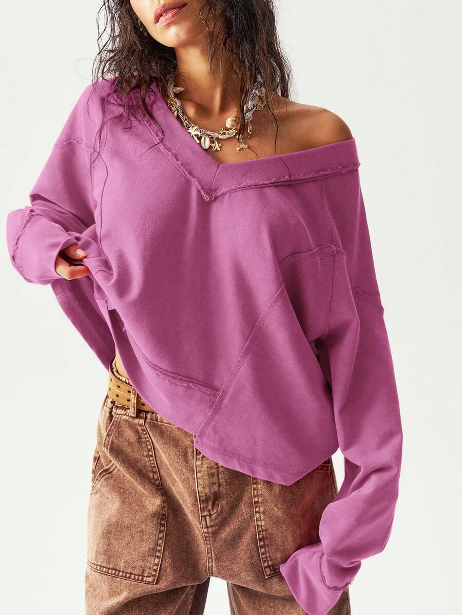 Bohemela 波西米亚风女士休闲纯色V领长袖宽松卫衣，秋冬季工作休闲上衣 - 玫紅色 - 查看 1