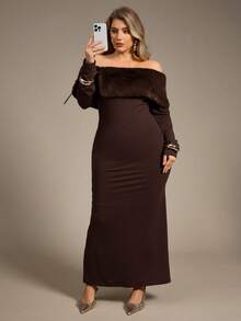 Auralis Plus Size Women's New Elegant Faux Fur Collar Patchwork Long Sleeve Fit & Flare Maxi Dress, Suitable For Valentine's Day, Concerts, Performances, Dates, Formal Dinners, Galas, Weddings, Sexy & Romantic Mermaid Style, Birthday Party - Brown - View 6