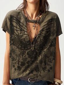 Bohemela Casual Solid Color Knit Round Neck Short Sleeve Loose Washed Women T-Shirt, Retro Graphic Tee, Carnival, Summer Tops, Spring - Army Green - View 5