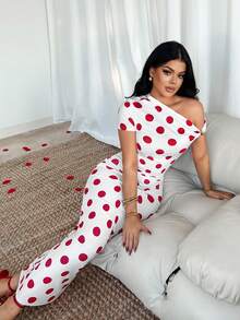 SHEIN SXY 女士波点优雅收腰不对称露肩长连衣裙，适合约会和派对穿着 - 彩色 - 查看 4