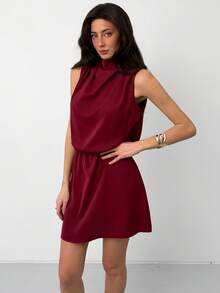 Aloruh 女士优雅无袖系领迷你连衣裙，适合通勤 - 紫色 - 查看 6