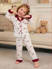 Conjunto de 2 piezas de cárdigan de manga larga y pantalones con estampado de cerezas y lazos para niña, ropa de estar en casa casual y cómoda - Albaricoque - Ver 3