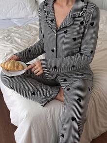 Dream Adore Conjunto de pijama con cárdigan de cuello con volantes y estampado de corazones a rayas - Multicolor - Ver 6