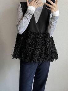FRIFUL Áo tank top nữ màu đen không tay, phối vải lông xù, thiết kế xếp ly, dáng rộng thoải mái, đa năng, thích hợp mặc nhiều lớp vào mùa thu. - màu đen - Xem 5