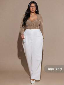 SHEIN BAE Plus Size Women's Black Long Sleeve Crossover Neck Ruched Bodysuit - Brown - View 5