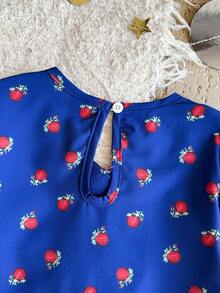 SHEIN 女童蓝色碎花长袖连衣裙，荷叶边设计，时尚优雅，适合日常穿着，春秋季 - 藍色 - 查看 6