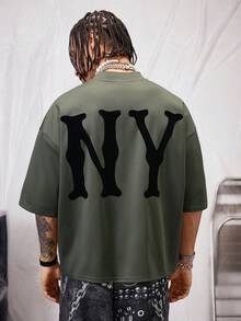 Manfinity RebelGame Men's Oversized Letter Print Round Neck Drop Shoulder Short Sleeve T-Shirt, Suitable For Summer - Green - View 1