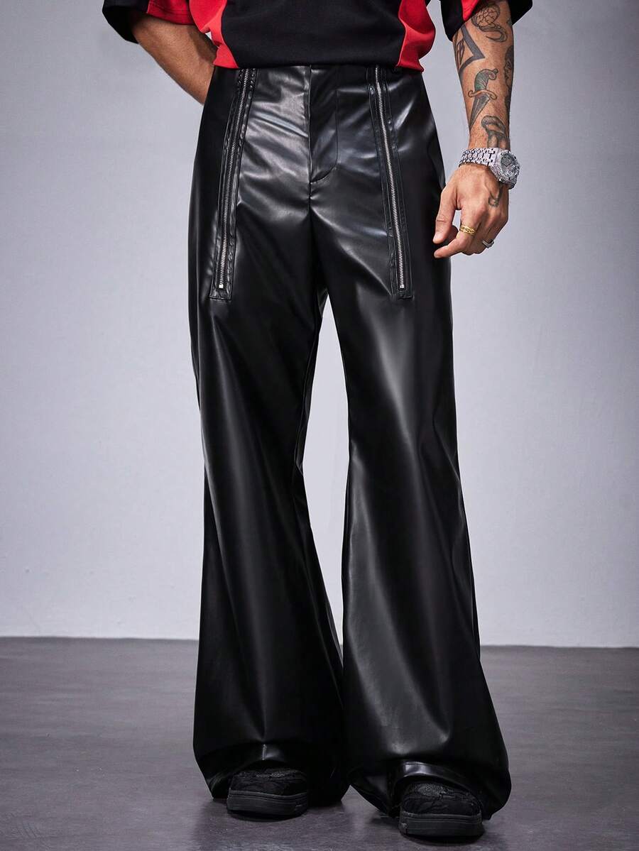 Manfinity RebelGame Men's Loose Flared Leg Pants In Brazilian Leather - Black - View 1