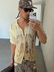 STEELVANCE Áo thun nam tay ngắn màu trơn, kiểu dáng bụi bặm, cài một hàng khuy, phong cách đường phố, áo sơ mi nam dệt kim, áo sơ mi nam móc, áo sơ mi nam, áo sơ mi Boho nam, áo mùa hè nam, áo thun nam dệt kim, áo sơ mi nam móc - Màu be - Xem 4