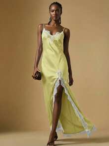 Briarwyn Women's Spaghetti Strap Black Lace Patchwork High Slit Hem Dress - Yellow - View 1