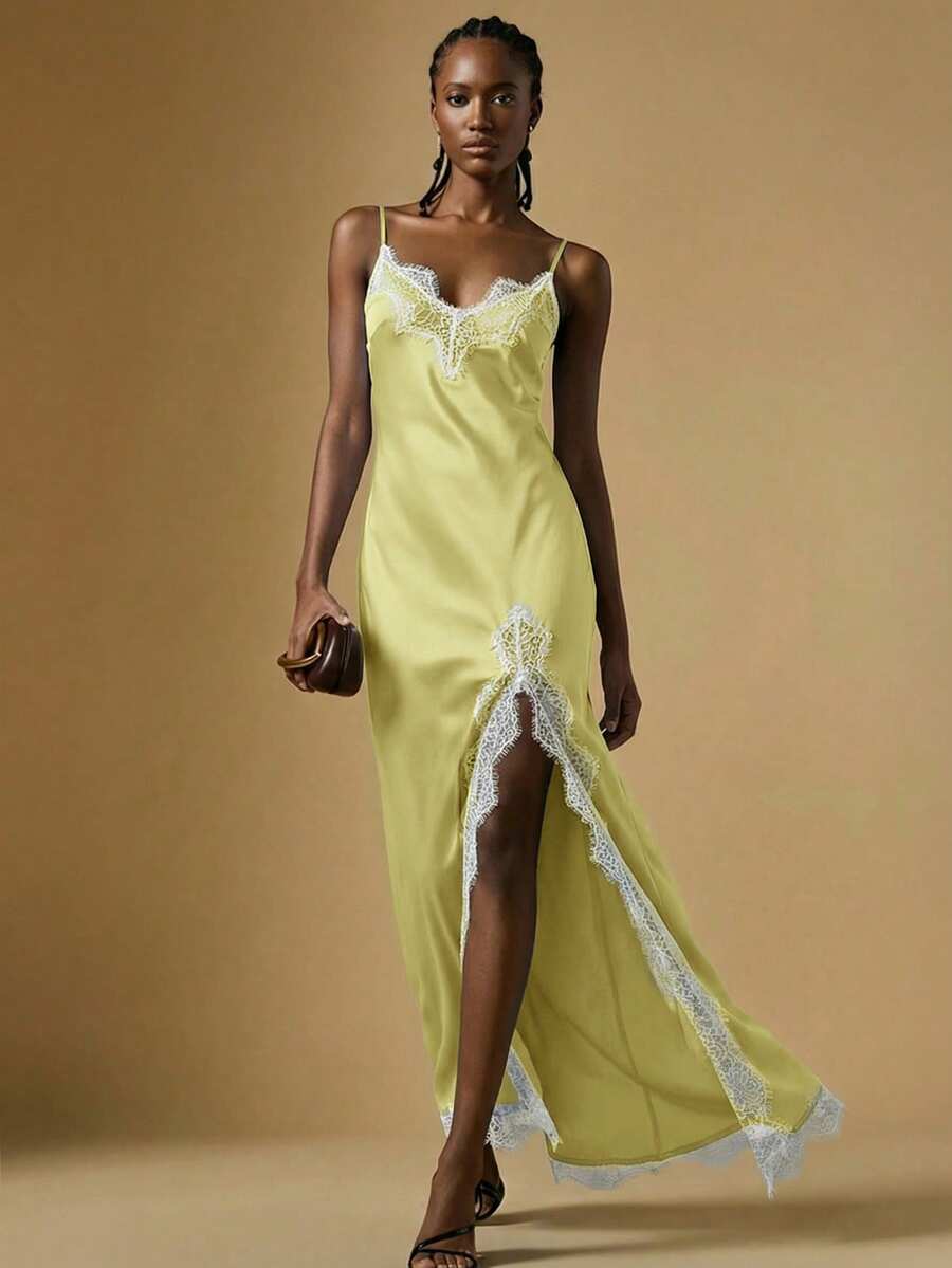 Briarwyn Women's Spaghetti Strap Black Lace Patchwork High Slit Hem Dress - Yellow - View 1