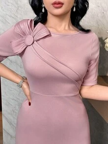 Feyla Vestido midi de mujer elegante de unicolor con manga corta y decoración floral 3D - Rosa - Ver 1